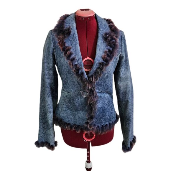 Vintage Cache Leather Faux Fur Jacket Blue Purple 6 - Picture 1 of 14
